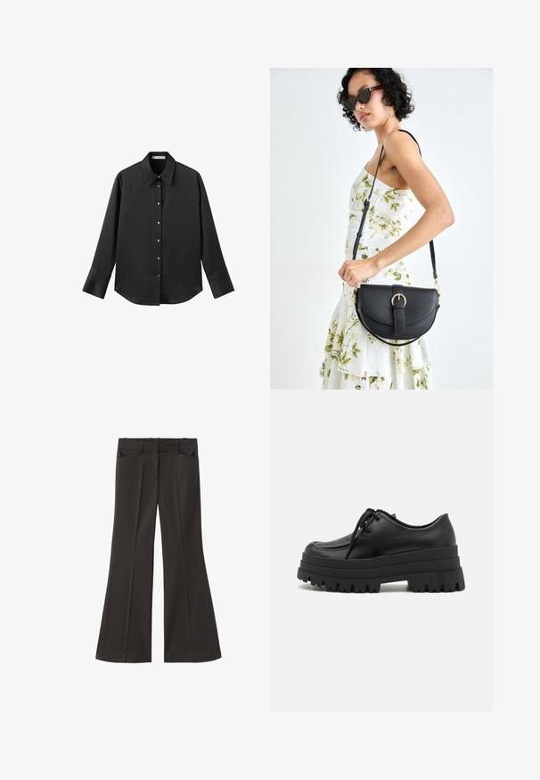 Crna košulja dugih rukava od glatkog materijala, s klasičnim ovratnikom, prednjim kopčanjem na dugmad u boji zlatne i širokim manžetnama.; Crne široke hlače s visokim strukom; sadrže dva prednja džepa i glatku teksturu materijala. Pogodne za razne prigode.; Even&Odd Cipele s vezicama - black; Crna kožna torba s lukovitim oblikom, odvojivim remenom i zlatnim detaljima. Torba ima preklop s kopčom.