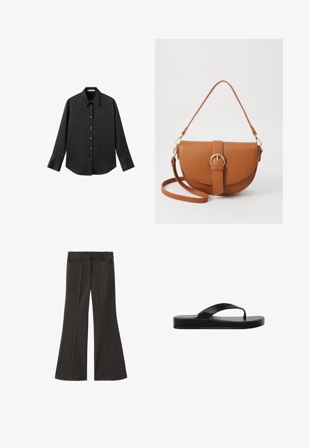 Cămașă neagră cu mâneci lungi dintr-un material neted, având un guler clasic, închidere frontală cu butoane aurii și manșete late.; Pantaloni evazați negri, cu talie înaltă; au două buzunare frontale și o textură de stofă netedă. Potriviți pentru diverse ocazii.; Sandale flip-flop negre cu talpă plată, curea din cauciuc netedă și design minimalist. Ușoare, cu o formă aerodinamică.; Geantă din piele maro, tip crossbody, cu o formă curbată, accesorii aurii și un accent cu cataramă. Dispune de un curea de umăr detașabilă.