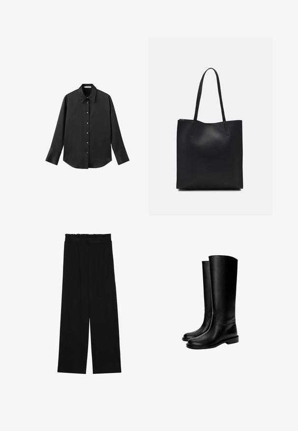 Svart långärmad skjorta i mjukt tyg, med klassisk krage, framknäppning med knappar i guldton och breda manschetter.; Svarta vida byxor med en volang vid midjan, med två sidofickor och ett slätt, lätt tyg. Inga synliga mönster eller detaljer.; Svarta läderstövlar till knäna med en slät yta, rund tå, platt sula och minimalistisk design, med sydda sömmar och ingen synlig hårdvara.; Svart lädertoffelväska med slät textur, rektangulär form och två långa handtag. Ingen synlig hårdvara eller dekorationer.