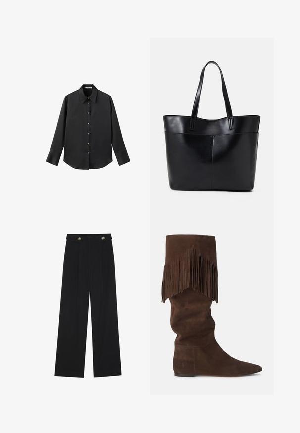 Černá dlouhá rukávová košile z hladkého materiálu, s klasickým límečkem, předním zapínáním na knoflíky ve zlatém tónu a širokými manžetami.; Černé široké kalhoty s vysokým pasem, detailní knoflíky na pase a přední záhyby.; Hnědé semišové vysoké boty po kolena s volným designem, které mají na vršku dlouhé třásně a špičatou špičku. Plná podrážka s jemnými švy.; Černá kožená taška s dlouhými ušima, hladkým povrchem a strukturovaným tvarem. Obsahuje přední kapsu pro další úložný prostor.