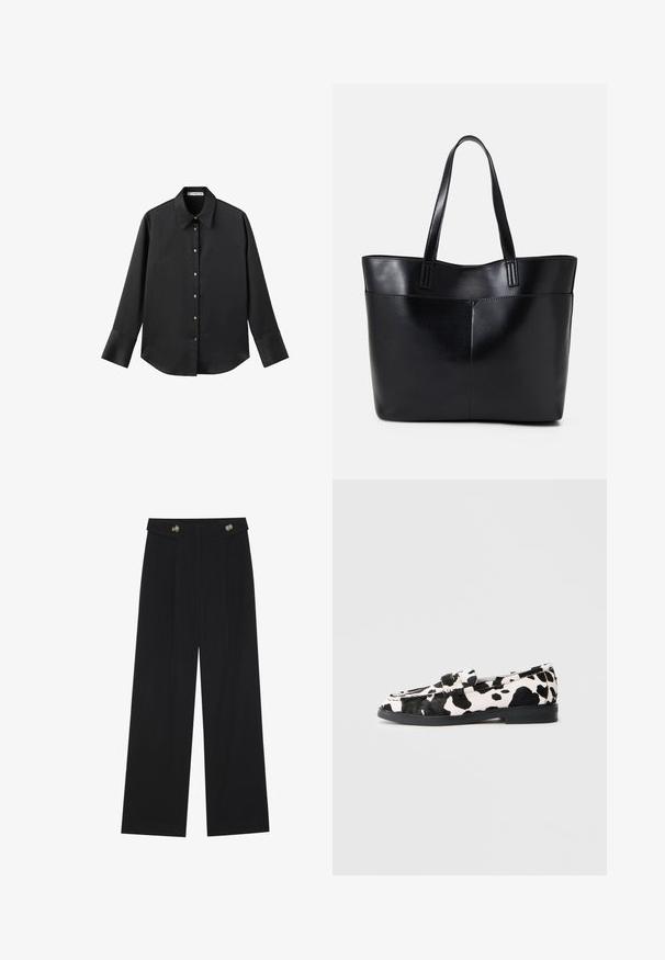 Chemise noire à manches longues en tissu lisse, dotée d'un col classique, d'une fermeture à boutons sur le devant avec des boutons dorés, et de larges poignets.; Pantalons larges noirs à taille haute, avec des détails de boutons à la taille et des plis sur le devant.; Mocassins à imprimé vache noir et blanc avec une semelle en caoutchouc plate, présentant une texture lisse et un design à bout rond. Détail de sangle ajustable sur le dessus.; Sac fourre-tout en cuir noir avec deux longues poignées, une texture lisse et une forme structurée. Dispose d'une poche avant pour un rangement supplémentaire.