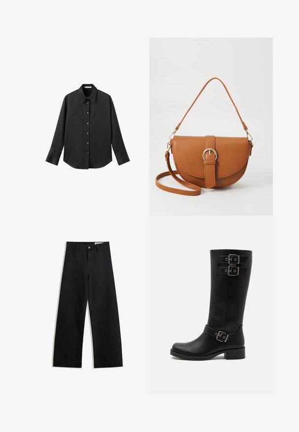 Črna majica z dolgimi rokavi iz gladkega materiala, z klasičnim ovratnikom, sprednjim zapiranjem na gumbe z zlatimi gumbi in širokimi manšetami.; Črne široke denim hlače z visokim pasom, ki imajo sprednje in zadnje žepe, šivane šive ter gumbasto zapiranje. Gladka tekstura.; Črne čevlje do kolen iz gladke usnje, s številnimi srebrnimi sponkami in blok peto. Oblika je elegantna in moderna.; Rjava usnjena torbica prek telesa s ukrivljeno obliko, zlate opreme in sponko. Ima odstranljiv naramni trak.
