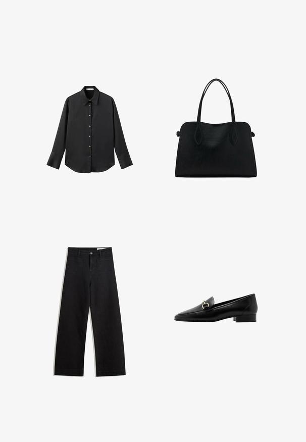 Zwarte lange mouwen shirt van gladde stof, met een klassieke kraag, een sluiting met knopen aan de voorkant met gouden knopen en brede manchetten.; Zwarte denim broek met wijde pijpen en een hoge taille, voorzien van voor- en achterzakken, gestikte naden en een knoopsluiting. Gladde textuur.; Zwarte leren instapper met een spitse neus, kleine blokhak en goudkleurig hardwaredetail aan de voorkant. Gladde textuur en minimalistisch design.; Zwarte leren handtas met dubbele schouderriemen, rechthoekige vorm en minimalistisch ontwerp op een witte achtergrond.