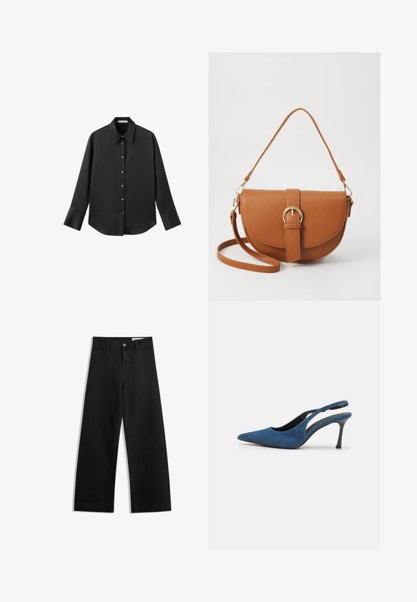 Black long-sleeve shirt in smooth fabric, featuring a classic collar, front button closure with gold-tone buttons, and wide cuffs.; Black wide-leg denim pants with a high waist, featuring front and back pockets, stitched seams, and a button closure. Smooth texture.; Blue denim slingback heels with a pointed toe, featuring a slender black heel and a textured fabric upper. Open back design.; Brown leather crossbody bag with a curved shape, gold hardware, and a buckle accent. Features a detachable shoulder strap.