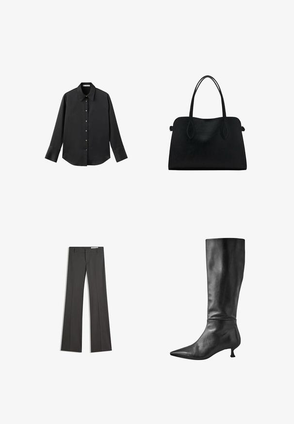 Chemise noire à manches longues en tissu lisse, dotée d'un col classique, d'une fermeture à boutons sur le devant avec des boutons dorés, et de larges poignets.; Pantalons évasés gris en tissu lisse, dotés d'un devant plat, de passants de ceinture et d'un design ajusté avec des lignes épurées.; Bottes en cuir noir, montantes, à bout pointu et petit talon block, présentant une texture lisse et une silhouette épurée.; Sac à main en cuir noir avec deux anses, de forme rectangulaire et au design minimaliste sur un fond blanc.