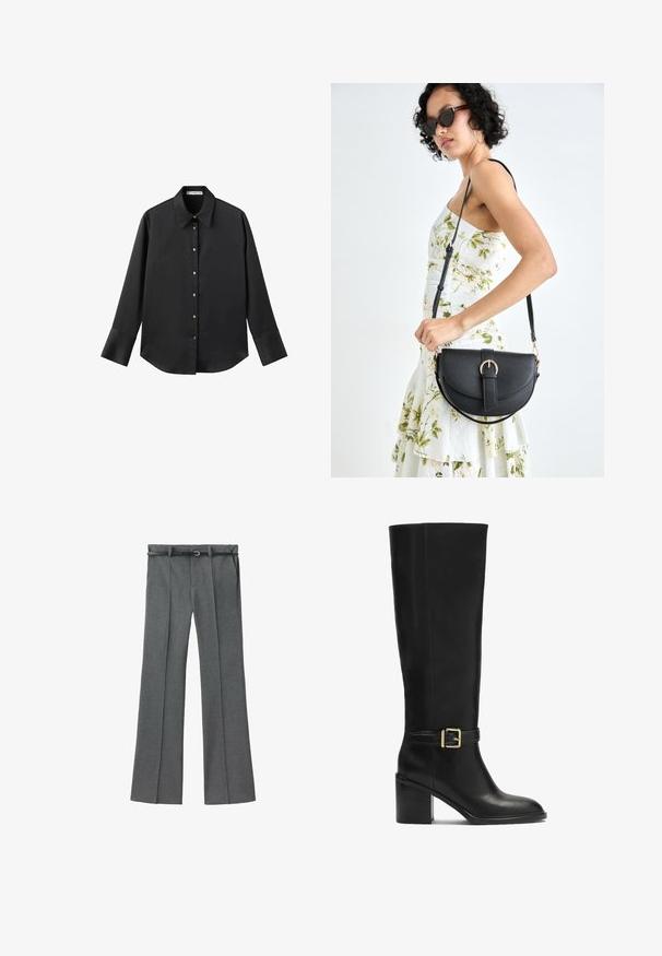 Črna majica z dolgimi rokavi iz gladkega materiala, z klasičnim ovratnikom, sprednjim zapiranjem na gumbe z zlatimi gumbi in širokimi manšetami.; Sive prirejene hlače z ravno nogavico, lahkotna tkanina, zanke za pas ter ozkim pasom z zmanjšanim srebrom.; Črne hlačne škornje do kolen iz gladke usnjene, z blokastim peto, zlatim zaponko in elegantno silhueto.; Črna usnjena torbica s ukrivljeno obliko, z odstranljivo naramnico in zlatimi dodatki. Torbica ima pokrov s podrobnostmi v obliki zaponke.