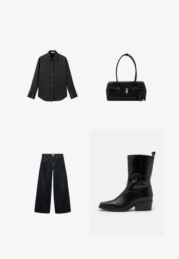 Cămașă neagră cu mâneci lungi dintr-un material neted, având un guler clasic, închidere frontală cu butoane aurii și manșete late.; Jeans din denim închis, cu picioare largi și talie înaltă, având cusături contrastante, buzunare frontale și un design minimalist.; Gheată din piele neagră până la gleznă, cu vârf ascuțit, toc mic și detalii cusute. Include panouri elastice laterale pentru o încălțare ușoară.; Geantă de umăr din piele neagră cu o textură netedă, design structurat, mânere duale și un detaliu cu închidere argintie în centru.