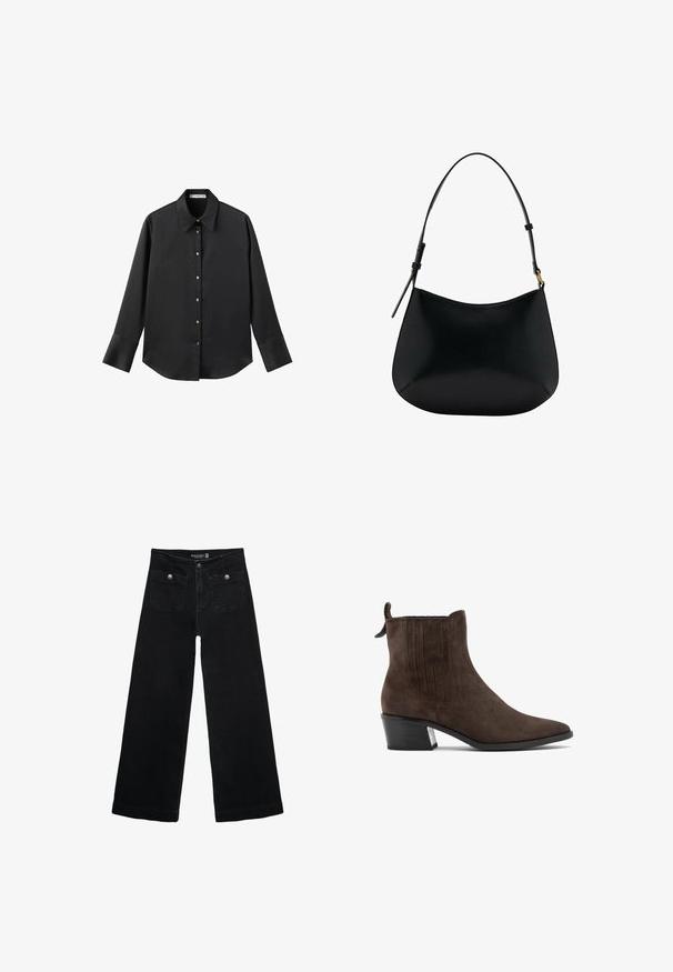 Czarna koszula z długim rękawem z gładkiego materiału, z klasycznym kołnierzykiem, zapięciem na guziki z przodu w złotym odcieniu oraz szerokimi mankietami.; Czarne, szerokie dżinsy z wysokim stanem, z dwoma przednimi kieszeniami i metalowymi guzikami. Tkanina ma gładką fakturę.; Brązowe zamszowe botki za kostkę z ostrym noskiem, elastycznymi bocznymi panelami i niskim kwadratowym obcasem. Posiadają uchwyt do łatwego zakładania.; Czarna skórzana torba na ramię o gładkiej fakturze, zaokrąglonym kształcie i regulowanym uchwycie. Charakteryzuje się minimalnym przeszyciem i prostym designem.
