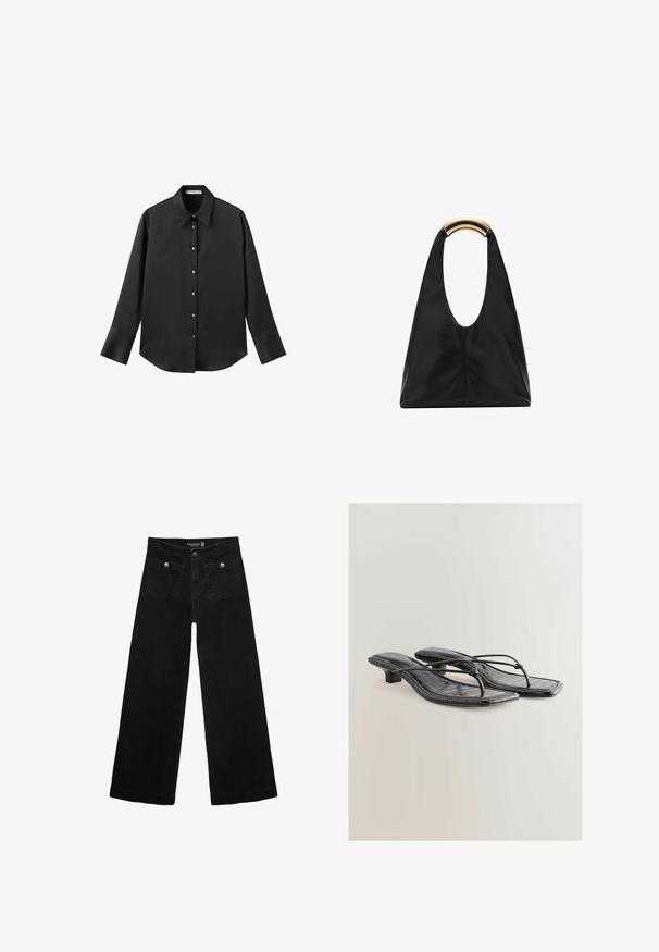 Crna košulja dugih rukava od glatkog materijala, s klasičnim ovratnikom, prednjim kopčanjem na dugmad u boji zlatne i širokim manžetnama.; Crne široke traperice s visokim strukom, koje imaju dva prednja džepa i metalne gumbe kao ukrase. Tkanina ima glatku teksturu.; Crne patentne lažne kožne sandale na petu s kvadratnim vrhom, tankim trakama i detaljima od krokodilove teksture. Dizajn s niskom blok petom.; Crna kožna torba s karakterističnim oblikom polumjeseca i polukružnom drškom u zlatnoj boji. Glatka tekstura i minimalistički dizajn.
