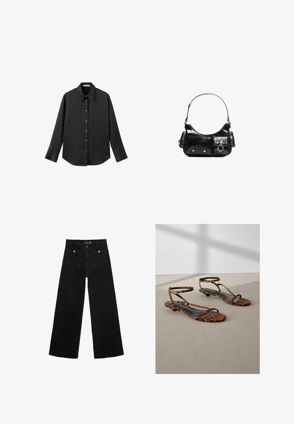 Schwarz langärmliges Hemd aus glattem Stoff, mit klassischem Kragen, frontaler Knopfleiste mit goldfarbenen Knöpfen und breiten Manschetten.; Schwarze, weit geschnittene Jeans mit hoher Taille, die zwei Fronttaschen und metallene Knopfakzente aufweist. Der Stoff hat eine glatte Textur.; Leopardenmuster-Flatsandalen mit schwarzen Lederinnensohlen, dünnen Knöchelriemen und minimalistischer Gestaltung. Texturiertes, weiches Material.; Schwarze Lackleder-Handtasche mit geschwungenem Design, einem Schulterriemen, Vordertaschen und silberfarbenen Hardware-Akzenten.