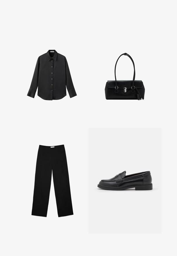 Čierna dlhá rukávová košeľa z hladkého materiálu, s klasickým golierom, predným zapínaním na gombíky so zlatými gombíkmi a širokými manžetami.; Široké nohavice z čierneho materiálu, s hladkým povrchom, čistým dizajnom a diskrétnym bočným zipsom na zapínanie.; Čierne kožené mokasíny s hladkou textúrou, zaoblenou špičkou, šitými detailmi na vrchnej časti a nízkou plochou gumovou podrážkou.; Čierna kožená kabelka s hladkou textúrou, štruktúrovaným dizajnom, dvojitými uchami a strieborným detailom na zapínaní v strede.