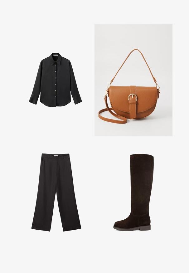 Czarna koszula z długim rękawem z gładkiego materiału, z klasycznym kołnierzykiem, zapięciem na guziki z przodu w złotym odcieniu oraz szerokimi mankietami.; Czarne spodnie z szerokimi nogawkami, wykonane z gładkiego materiału, z przednim zamkiem błyskawicznym i dwoma bocznymi kieszeniami, o dopasowanym kroju i minimalistycznym wzornictwie.; Brązowy zamszowy kozak do kolan z okrągłym noskiem, płaską podeszwą i gładką fakturą. Minimalne przeszycia i elegancki design.; Brązowa skórzana torba na ramię o zaokrąglonym kształcie, ze złotymi akcentami i zapięciem w formie klamry. Posiada odpinany pasek na ramię.