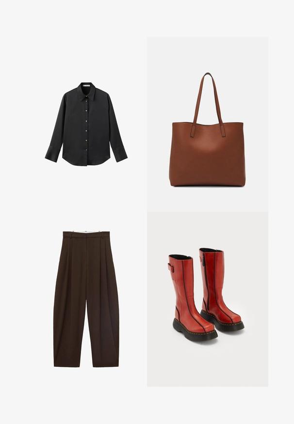 Czarna koszula z długim rękawem z gładkiego materiału, z klasycznym kołnierzykiem, zapięciem na guziki z przodu w złotym odcieniu oraz szerokimi mankietami.; Brązowe spodnie z wysokim stanem z zakładkami, wykonane z gładkiego materiału. Luźny krój, prosta nogawka, z różkami na pasek i suwakiem.; Wysokie czerwone skórzane kozaki z czarnymi grubymi podeszwami, zamkami błyskawicznymi po bokach i czarnymi detalami szycia, stojące obok siebie na białym tle.; Brązowa skórzana torba tote o gładkiej fakturze, z otwartym wierzchem i dwoma ramiączkami. Charakteryzuje się minimalnym przeszyciem i brakiem widocznych elementów metalowych.