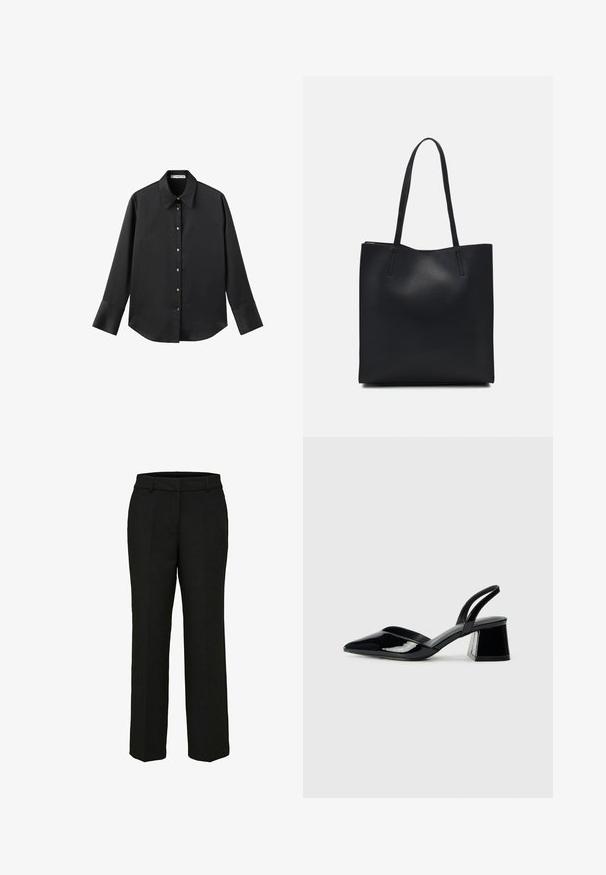 Black long-sleeve shirt in smooth fabric, featuring a classic collar, front button closure with gold-tone buttons, and wide cuffs.; Black, tailored trousers with a straight-leg design, belt loops, and front pockets; smooth fabric with a clean finish.; Black patent leather slingback heels with a pointed toe and a geometric block heel. Features a sleek, minimal design and smooth texture.; Black leather tote bag with smooth texture, rectangular shape, and two long handles. No visible hardware or embellishments.