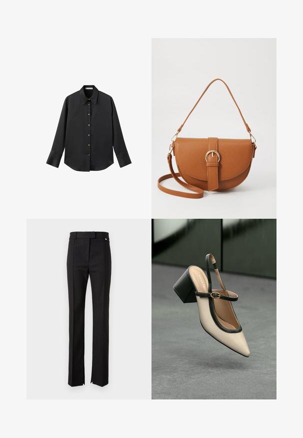 Čierna dlhá rukávová košeľa z hladkého materiálu, s klasickým golierom, predným zapínaním na gombíky so zlatými gombíkmi a širokými manžetami.; Čierne upravené nohavice s rovnými nohavicami, ktoré majú pás so zapínaním na gombík a bočné zárezy na leme.; Béžová lodička so špicatou špičkou, s čiernym lemom, zlatou prackou a robustným blokovým podpätkom na šedom podlahe s tmavozeleným pozadím.; Hnedá kožená kabelka cez telo s zakriveným tvarom, zlatými kovovými doplnkami a akcentom s prackou. Obsahuje odnímateľný ramenný popruh.