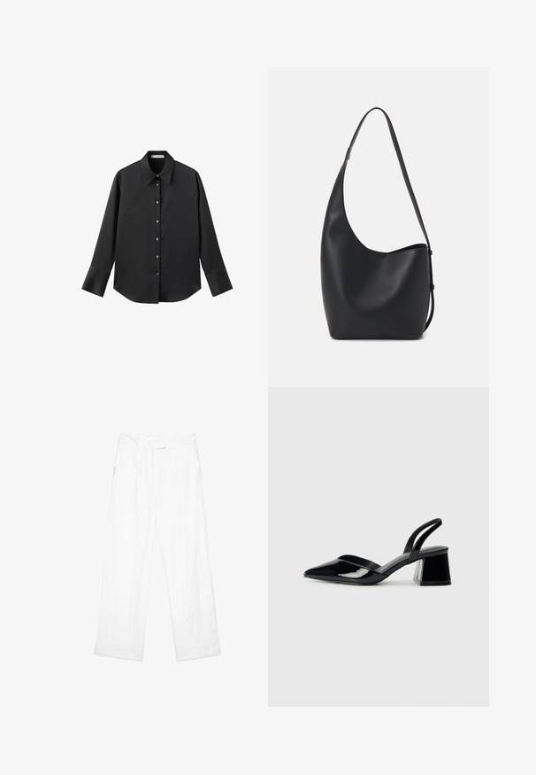 Black long-sleeve shirt in smooth fabric, featuring a classic collar, front button closure with gold-tone buttons, and wide cuffs.; White linen trousers with a loose fit, featuring a straight leg design, front pockets, and a flat waistband. Smooth texture throughout.; Black patent leather slingback heels with a pointed toe and a geometric block heel. Features a sleek, minimal design and smooth texture.; Black leather hobo bag with a smooth texture, curved shape, and single adjustable strap; features a wide opening at the top.