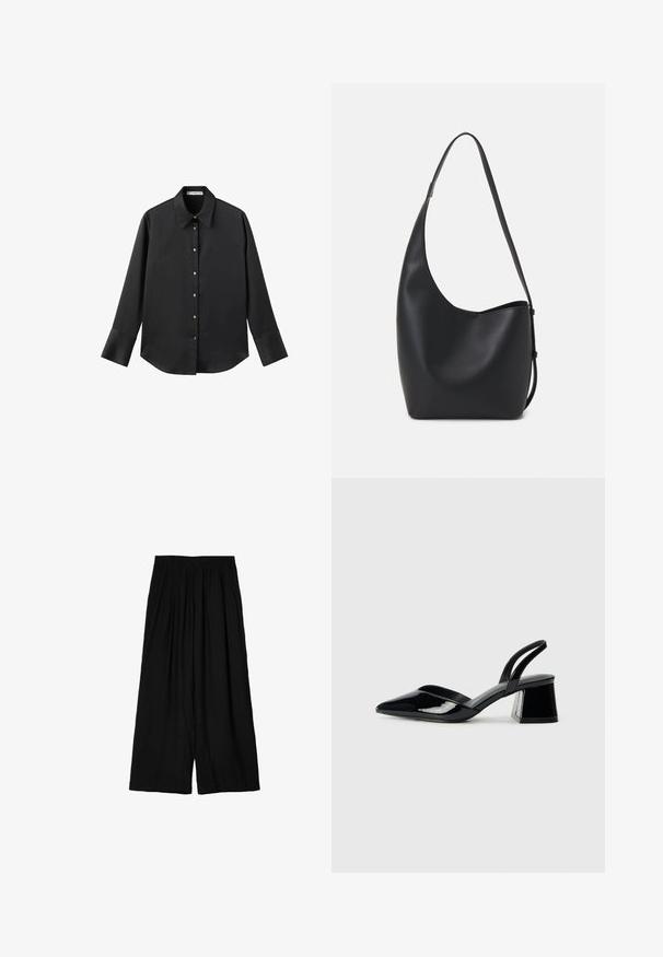 Black long-sleeve shirt in smooth fabric, featuring a classic collar, front button closure with gold-tone buttons, and wide cuffs.; Black wide-leg pants made of lightweight fabric, featuring an elastic waistband and soft, crinkled texture. Floor-length design.; Black patent leather slingback heels with a pointed toe and a geometric block heel. Features a sleek, minimal design and smooth texture.; Black leather hobo bag with a smooth texture, curved shape, and single adjustable strap; features a wide opening at the top.