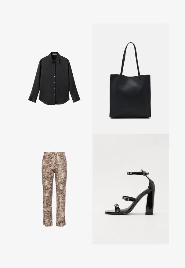Crna košulja dugih rukava od glatkog materijala, s klasičnim ovratnikom, prednjim kopčanjem na dugmad u boji zlatne i širokim manžetnama.; Hlače s uzorkom zmijske kože u neutralnim tonovima smeđe i bež, sa uskim krojem i elastičnim pojasom za udobnost.; Crne lakirane sandale na pete sa kvadratnim nosom, trakama oko gležnja i srebrnim kopčama. Imaju čvrst blok petu za stabilnost.; Crna kožna torba za nošenje s glatkom teksturom, pravokutnim oblikom i dvije duge ručke. Nema vidljivih metalnih dijelova ili ukrasa.