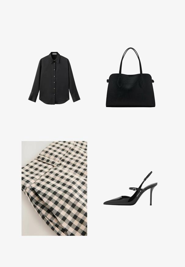 Czarna koszula z długim rękawem z gładkiego materiału, z klasycznym kołnierzykiem, zapięciem na guziki z przodu w złotym odcieniu oraz szerokimi mankietami.; Czarna i beżowa tkanina w kratkę o gładkiej fakturze. Detal pokazuje złożoną część z kieszenią i starannie wykończonymi liniami.; Czarne lakierowane szpilki slingback z ostrym noskiem, regulowanym paskiem i obcasem w kształcie stiletto. Gładka powierzchnia o błyszczącym wykończeniu.; Czarna skórzana torba na ramię z podwójnymi paskami, prostokątny kształt i minimalistyczny design na białym tle.