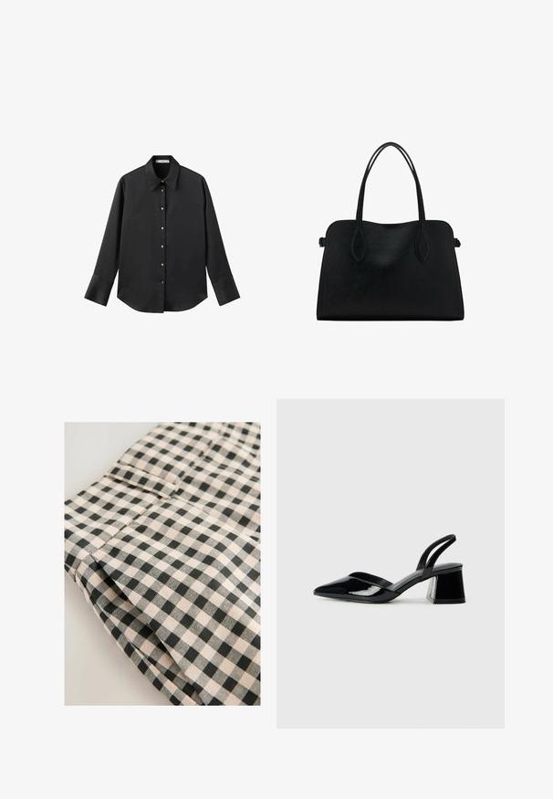 Maglietta nera a maniche lunghe in tessuto morbido, con colletto classico, chiusura frontale con bottoni dorati e polsini ampi.; Tessuto a scacchi nero e beige con una texture liscia. Il dettaglio mostra una sezione piegata con una tasca e linee di finitura pulite.; Décolleté in vernice nera con punta affusolata e tacco in geometria cubica. Presentano un design elegante e minimalista, con una texture liscia.; Borsa a mano in pelle nera con doppio manico, forma rettangolare e design minimalista su sfondo bianco.