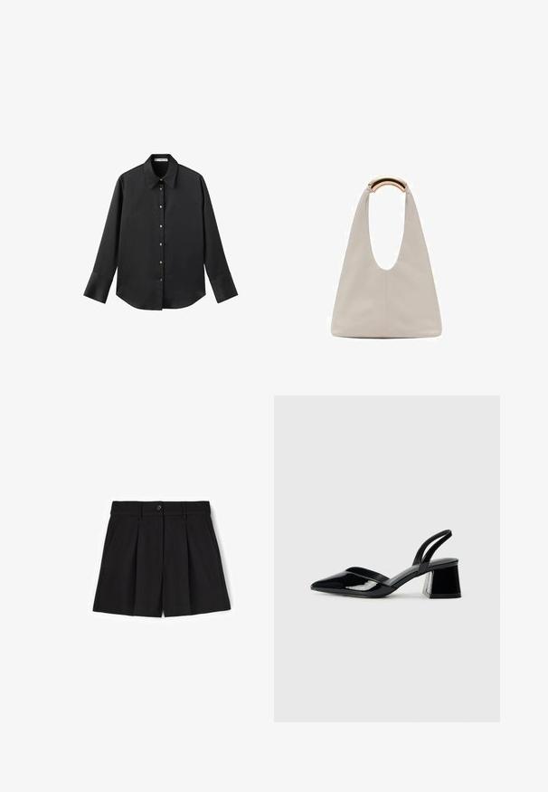 Černá dlouhá rukávová košile z hladkého materiálu, s klasickým límečkem, předním zapínáním na knoflíky ve zlatém tónu a širokými manžetami.; Černé kratší kalhoty s plisovaným designem, zapínáním na knoflík a postranními kapsami. Vyrobeno z hladké látky, s klasickým střihem.; Černé lakované kožené lodičky na pásku s špičatou špičkou a geometrickým blokovým podpatkem. Vyznačují se elegantním, minimalistickým designem a hladkým povrchem.; Světlá šedá kožená taška s U-tvarovaným designem a zakřivenou kovovou rukojetí. Hladký povrch s minimálním šitím a bez viditelných vzorů.