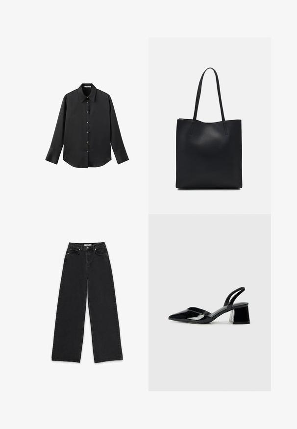 Črna majica z dolgimi rokavi iz gladkega materiala, z klasičnim ovratnikom, sprednjim zapiranjem na gumbe z zlatimi gumbi in širokimi manšetami.; Črne široke traper hlače, izdelane iz denima, z visokim pasom, dvema sprednjima žepoma in gumbom za zapiranje ter zadrgo.; Črne lakirane slingback pete s koničastim nosom in geometrijsko blokasto peto. Imajo eleganten, minimalističen dizajn in gladko teksturo.; Črna usnjena torba s svilnato teksturo, pravokotne oblike in dvema dolgima ročajema. Brez vidnih metalnih delov ali okrasnih elementov.