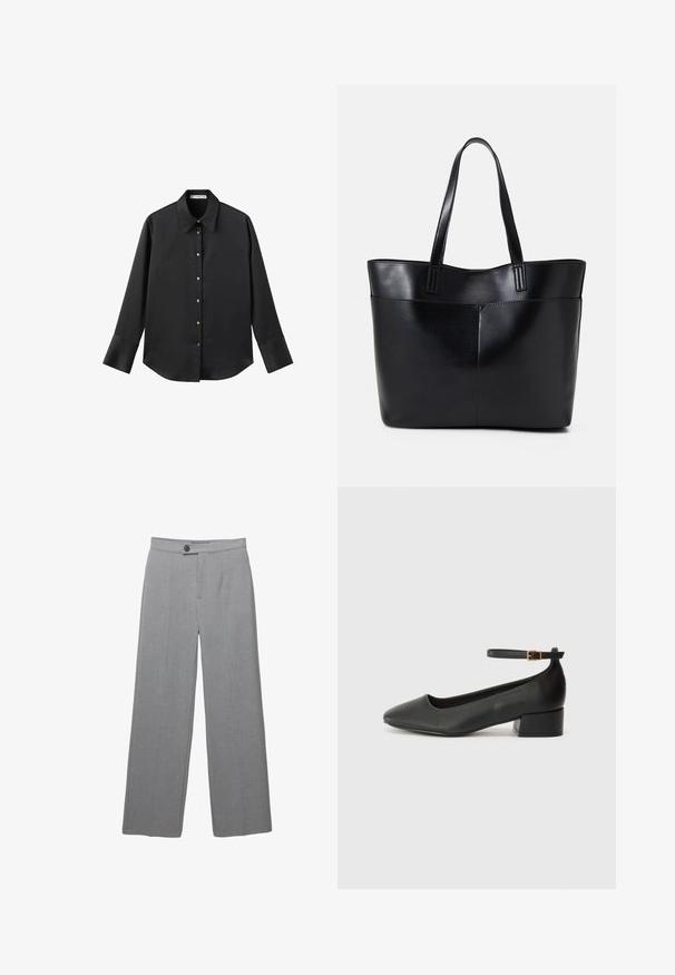 Zwarte lange mouwen shirt van gladde stof, met een klassieke kraag, een sluiting met knopen aan de voorkant met gouden knopen en brede manchetten.; Grijze op maat gemaakte broek met een brede pijp, platte voorkant en subtiele textuur. Bevat een enkele knoopsluiting en strakke lijnen.; Zwarte leren pump met een spitse neus en een lage blokhak. Beschikt over een enkelband met een goudkleurige gespsluiting. Gladde textuur.; Zwarte leren tote bag met twee lange handvatten, een zachte textuur en een gestructureerde vorm. Voorzien van een voorvak voor extra opslagruimte.