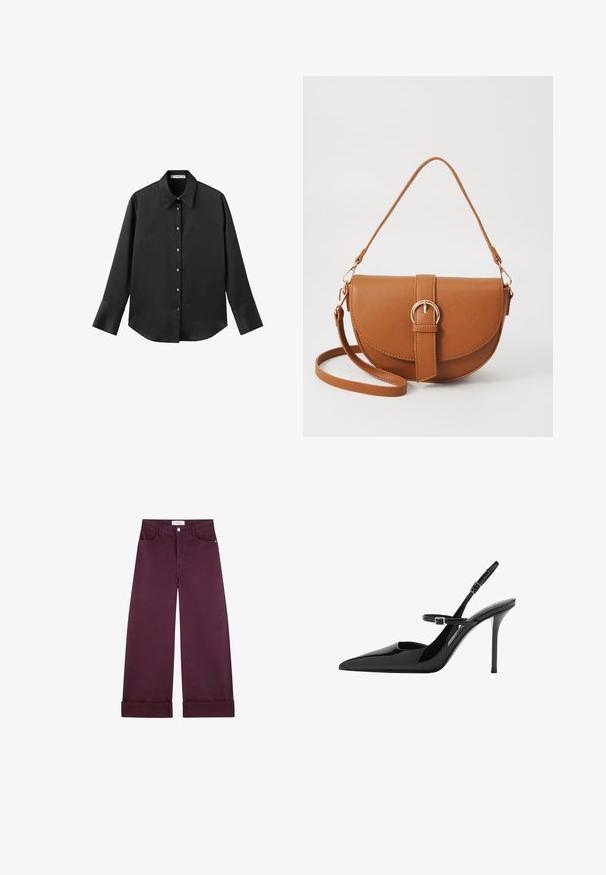Black long-sleeve shirt in smooth fabric, featuring a classic collar, front button closure with gold-tone buttons, and wide cuffs.; Wide-leg pants in deep burgundy denim, featuring front pockets, a button closure, and rolled cuffs for added detail.; Black patent leather slingback high heels with a pointed toe, adjustable strap, and stiletto heel. Smooth surface with shiny finish.; Brown leather crossbody bag with a curved shape, gold hardware, and a buckle accent. Features a detachable shoulder strap.