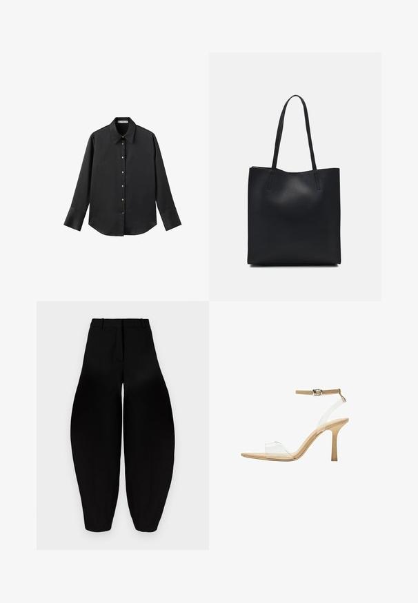 Schwarz langärmliges Hemd aus glattem Stoff, mit klassischem Kragen, frontaler Knopfleiste mit goldfarbenen Knöpfen und breiten Manschetten.; Schwarze weit geschnittene Hose mit hoher Taille, gefaltetem Vorderteil und schmal zulaufenden Knöcheln. Hergestellt aus glattem Stoff mit matter Oberfläche.; Durchsichtige Sandale mit transparentem Obermaterial, beigem Fußbett und einem schlanken Knöchelriemen. Sie hat eine spitz zulaufende Zehenpartie und einen dünnen, hohen Absatz.; Schwarze Laptoptasche aus Leder mit glatter Textur, rechteckiger Form und zwei langen Griffen. Keine sichtbaren Beschläge oder Verzierungen.