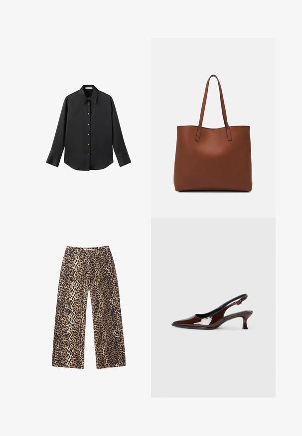 Black long-sleeve shirt in smooth fabric, featuring a classic collar, front button closure with gold-tone buttons, and wide cuffs.; Wide-legged trousers in a leopard print pattern. Features a blend of tan, brown, and black colors. Made of soft fabric with a smooth texture.; Brown patent leather slingback shoe with a pointed toe and a moderate heel. Features a buckle strap for secure fit. Smooth texture.; Brown leather tote bag with a smooth texture, open top design, and two shoulder straps. Features minimal stitching and no visible hardware.