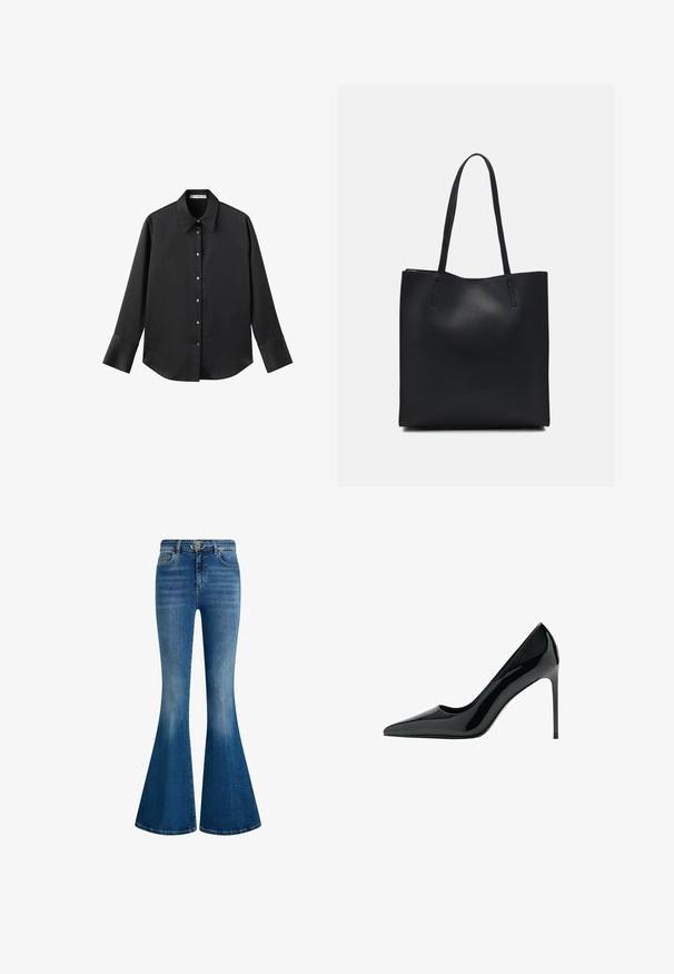 Sort langærmet skjorte i glat stof, med klassisk krave, frontlukning med guldtonede knapper og brede manchetter.; Blå denim flare jeans med høj talje, guldhardware i taljen og en afdæmpet vask for et distinkt tekstureret udseende.; Sorte patentlæder stilettohæle med spids tå og glat, skinnende overflade; høj, slank hæl; minimalistisk design.; Sort læder tote taske med glat tekstur, rektangulær form og to lange hanke. Ingen synlig hardware eller udsmykninger.