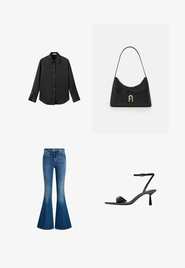 Black long-sleeve shirt in smooth fabric, featuring a classic collar, front button closure with gold-tone buttons, and wide cuffs.; Blue denim flared jeans featuring a high waist, gold hardware at the waistband, and a faded wash for a distinct textured appearance.; Bershka High heeled sandals - black; Black handbag made of smooth material, featuring a curved shape, a single strap, and a gold-colored logo accent on the front.