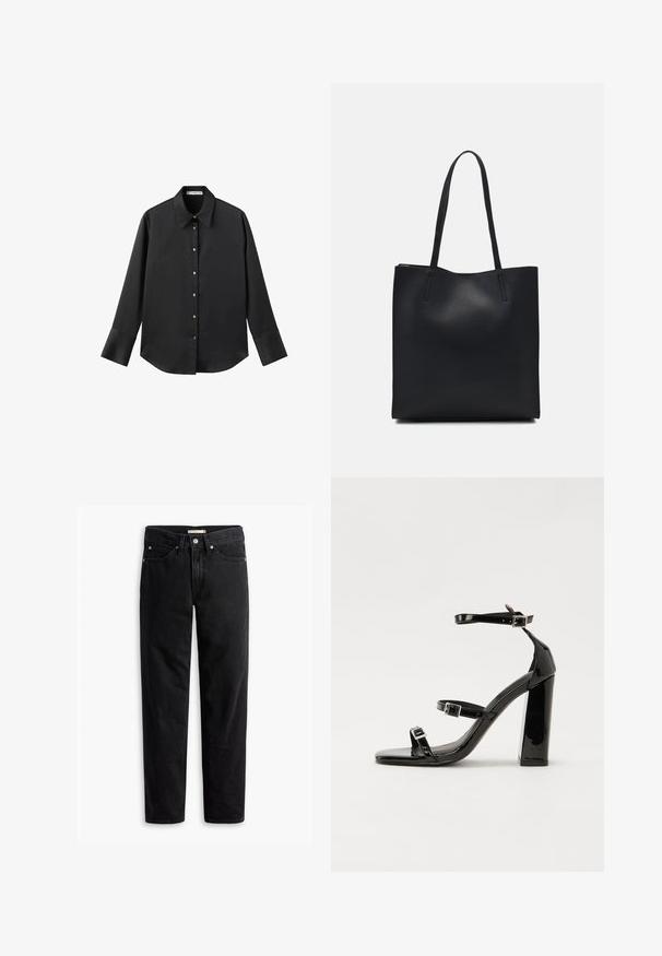 Czarna koszula z długim rękawem z gładkiego materiału, z klasycznym kołnierzykiem, zapięciem na guziki z przodu w złotym odcieniu oraz szerokimi mankietami.; Czarne dżinsy o prostym kroju z zapięciem na guzik i zamek, szlufkami na pasek oraz przednimi i tylnymi kieszeniami, wyłożone na białym tle.; Czarne lakierowane sandały na obcasie z kwadratowym noskiem, z paskami wokół kostki i srebrnymi klamrami. Posiadają masywny słupek dla stabilności.; Czarna skórzana torba tote o gładkiej fakturze, prostokątnym kształcie i dwóch długich uchwytach. Brak widocznych elementów metalowych i ozdób.