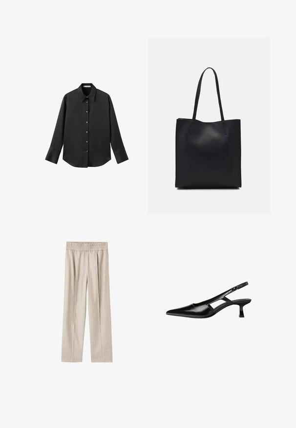 Schwarz langärmliges Hemd aus glattem Stoff, mit klassischem Kragen, frontaler Knopfleiste mit goldfarbenen Knöpfen und breiten Manschetten.; Helle beige weite Hosen aus strukturiertem Stoff mit subtilen vertikalen Streifen, ausgestattet mit einem elastischen Bund für zusätzlichen Komfort.; Schwarze Lackleder-Slingback-High Heels mit spitzer Zehenform, ausgeschnittenem Seitendesign und kleinem Blockabsatz. Glatte Textur mit minimalen Akzenten.; Schwarze Laptoptasche aus Leder mit glatter Textur, rechteckiger Form und zwei langen Griffen. Keine sichtbaren Beschläge oder Verzierungen.