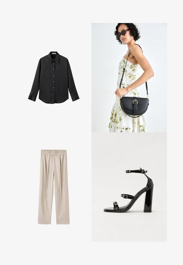 Sort langærmet skjorte i glat stof, med klassisk krave, frontlukning med guldtonede knapper og brede manchetter.; Lys beige brede bukser lavet af tekstureret stof med subtile lodrette striber, som har en elastisk talje for komfort.; Sorte patenterede hælsandaler med firkantet tå, ankelremme og sølvspænder. Har en chunky blokHæl for stabilitet.; Sort læderhåndtaske med en buet form, aftagelig rem og guldfinish. Tasken har en klap med en spænde detalje.