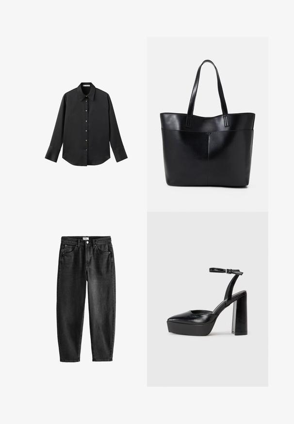 Chemise noire à manches longues en tissu lisse, dotée d'un col classique, d'une fermeture à boutons sur le devant avec des boutons dorés, et de larges poignets.; Jean en denim noir avec une coupe droite, cinq poches et fermeture à bouton. Présente un léger délavage et des détails de couture. Design décontracté.; Escarpins noirs à plateforme avec un bout pointu et une sangle réglable à la cheville. Conçus en cuir lisse, avec un large talon bloc.; Sac fourre-tout en cuir noir avec deux longues poignées, une texture lisse et une forme structurée. Dispose d'une poche avant pour un rangement supplémentaire.