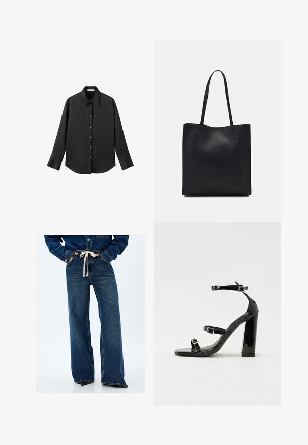 Czarna koszula z długim rękawem z gładkiego materiału, z klasycznym kołnierzykiem, zapięciem na guziki z przodu w złotym odcieniu oraz szerokimi mankietami.; Szerokie niebieskie dżinsy z wysokim stanem, z kremowym sznurkiem ściągającym i kieszeniami z przodu; faktura materiału z klasycznym indygowym praniem.; Czarne lakierowane sandały na wysokim obcasie, z dwoma paskami zapinanymi na klamry, kwadratowy nosek i masywny obcas typu słupek, o gładkiej, błyszczącej fakturze.; Czarna skórzana torba tote o gładkiej fakturze, prostokątnym kształcie i dwóch długich uchwytach. Brak widocznych elementów metalowych i ozdób.