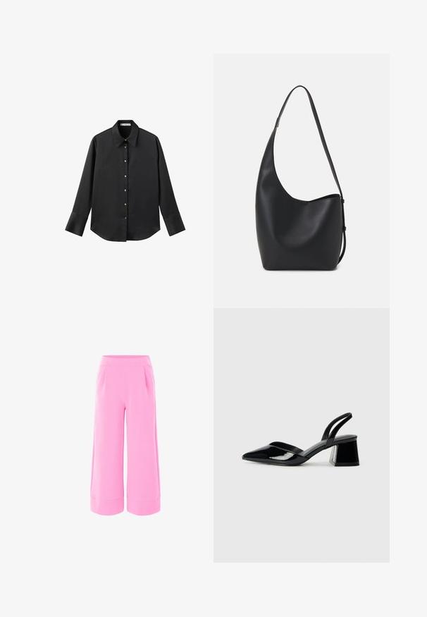 Čierna dlhá rukávová košeľa z hladkého materiálu, s klasickým golierom, predným zapínaním na gombíky so zlatými gombíkmi a širokými manžetami.; Ružové nohavice so širokými nohavicami a hladkou textúrou, s vysokým pásom a dvoma prednými záhybmi. Spodok je dokončený širokým manžetom.; Čierne lakované kožené sandálové podpätky s špicatou špičkou a geometrickým blokovým podpätkom. Disponujú elegantným, minimalistickým dizajnom a hladkým povrchom.; Čierna kožená hobo taška so hladkou textúrou, zakriveným tvarom a jedným nastaviteľným popruhom; má široké otvorenie na vrchu.