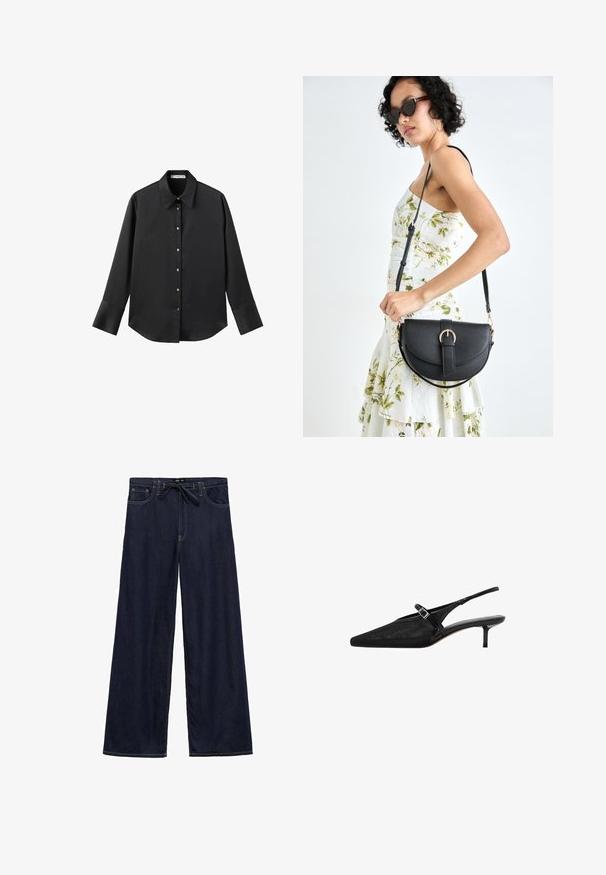 Black long-sleeve shirt in smooth fabric, featuring a classic collar, front button closure with gold-tone buttons, and wide cuffs.; Wide-leg dark blue denim trousers with a drawstring waistband, featuring yellow stitching and five-pocket design.; Black slingback heels with pointed toes, textured mesh upper, slim adjustable strap with silver buckle, and 5 cm stiletto heels.; Black leather handbag with a curved shape, detachable strap, and gold hardware. The bag features a flap with a buckle detail.