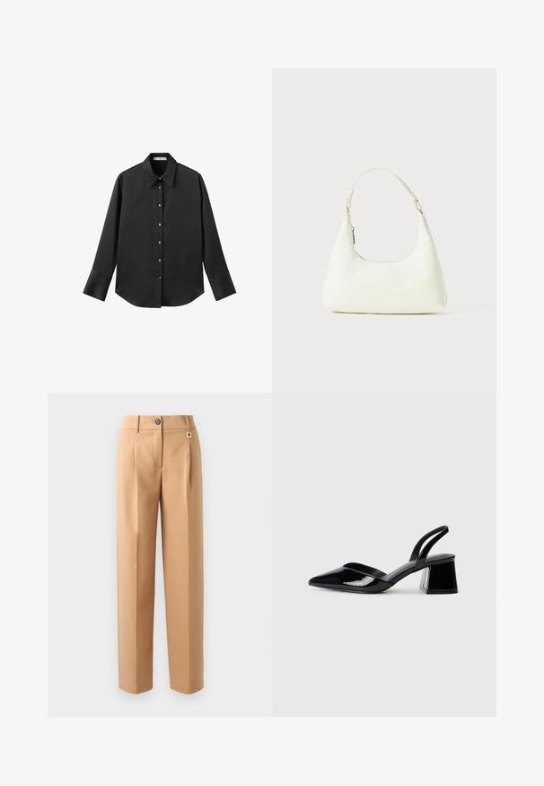 Cămașă neagră cu mâneci lungi dintr-un material neted, având un guler clasic, închidere frontală cu butoane aurii și manșete late.; Pantaloni bej croi drept, cu închidere frontală cu nasturi, pliul singular și un mic accent metalic pe talie.; Pantofi cu toc slingback din piele lacuită neagră, cu vârf ascuțit și toc geometric. Prezintă un design elegant, minimalist și o textură netedă.; Geantă mică albă pentru umăr, cu o curea ajustabilă și închidere cu fermoar, pe un fundal alb simplu.