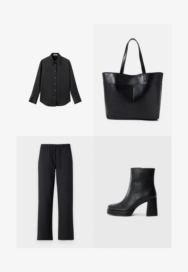 Svart långärmad skjorta i mjukt tyg, med klassisk krage, framknäppning med knappar i guldton och breda manschetter.; Svarta byxor i mjukt tyg, med dragsko i midjan och rak benkurt. Inga synliga mönster eller detaljer.; Svart läderankelboot med blockklack och platåsula, sedd från sidan på en enkel vit bakgrund.; Svart läder tote-väska med två långa handtag, en slät yta och en strukturerad form. Har en framficka för extra förvaring.