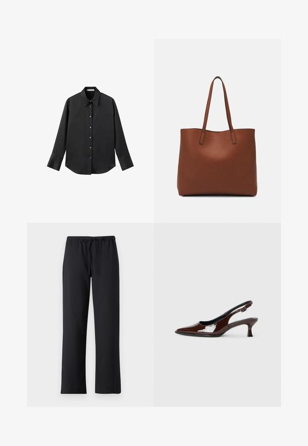 Črna majica z dolgimi rokavi iz gladkega materiala, z klasičnim ovratnikom, sprednjim zapiranjem na gumbe z zlatimi gumbi in širokimi manšetami.; Črne hlače iz mehke tkanine z vrvico v pasu in ravnim krojem. Brez vidnih vzorcev ali kovinskih delov.; Rjavi lakirani slingback čevelj z ostro konico in zmerno peto. Ima zaponko za varno prileganje. Gladka tekstura.; Rjava usnjena torba z gladko teksturo, odprto zasnovo zgoraj in dvema naramnima trakovoma. Opremljena je z minimalnim šivanjem in brez vidnih kovinskih delov.