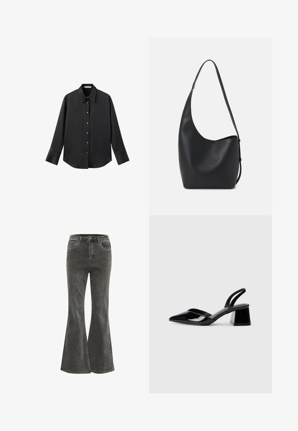 Sort langærmet skjorte i glat stof, med klassisk krave, frontlukning med guldtonede knapper og brede manchetter.; Kaffe KASINEM - Flared jeans - medium grey denim; Sorte patentlæder slingback hæle med spids tå og en geometrisk blok hæl. Har et elegant, minimalistisk design og en glat tekstur.; Sort læder hobo taske med en glat overflade, buet form og en enkelt justerbar rem; har en bred åbning øverst.