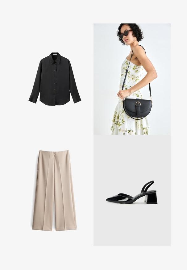 Schwarz langärmliges Hemd aus glattem Stoff, mit klassischem Kragen, frontaler Knopfleiste mit goldfarbenen Knöpfen und breiten Manschetten.; Beige weit geschnittene Hose aus glattem Material, mit hoher Taille, zwei vorderen Falten und einem sauberen Saum.; Schwarze Lackleder-Slingback-High Heels mit spitzem Schuh und einem geometrischen Blockabsatz. Verfügt über ein schlankes, minimalistisches Design und eine glatte Textur.; Schwarze Lederhandtasche mit geschwungener Form, abnehmbarem Tragegurt und goldenen Beschlägen. Die Tasche verfügt über einen Deckel mit einer Schnallen-Details.
