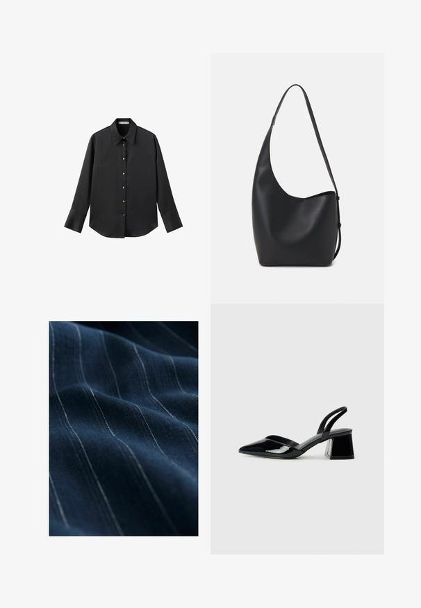 Čierna dlhá rukávová košeľa z hladkého materiálu, s klasickým golierom, predným zapínaním na gombíky so zlatými gombíkmi a širokými manžetami.; Námorná látka s jemnými bielymi vertikálnymi pásikmi, ukazujúca hladkú štruktúru a mierny lesk, preložená tak, aby zdôraznila svoj pád a jemnosť.; Čierne lakované kožené sandálové podpätky s špicatou špičkou a geometrickým blokovým podpätkom. Disponujú elegantným, minimalistickým dizajnom a hladkým povrchom.; Čierna kožená hobo taška so hladkou textúrou, zakriveným tvarom a jedným nastaviteľným popruhom; má široké otvorenie na vrchu.