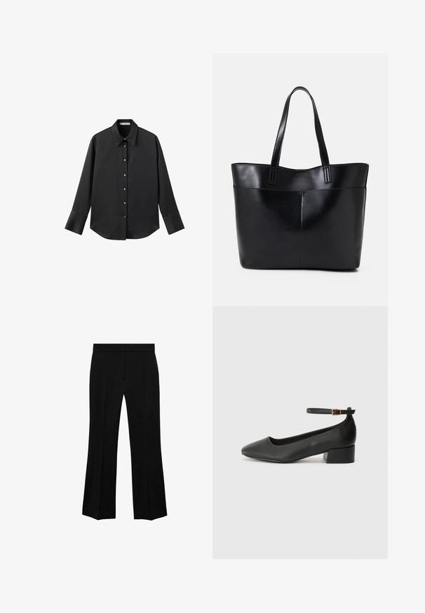 Črna majica z dolgimi rokavi iz gladkega materiala, z klasičnim ovratnikom, sprednjim zapiranjem na gumbe z zlatimi gumbi in širokimi manšetami.; Črne široke hlače s gladkim, teksturiranim materialom, ki imajo ravno sprednjo stran in detajle gub. Osnovna zasnova, brez vidne strojne opreme ali vzorcev.; Črne usnjene pumpice z nazobčanimi prsti in nizko blokasto peto. Imajo trak okoli gležnja z zaponko v zlatem tonu. Gladka tekstura.; Črna usnjena torba z dvema dolgima ročajema, gladko teksturo in strukturirano obliko. Ima sprednji žep za dodatno shranjevanje.