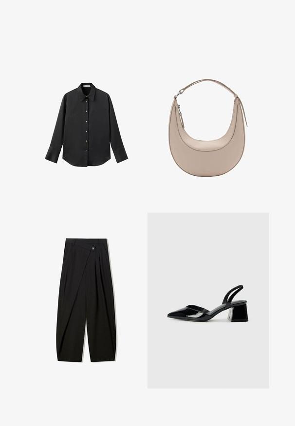 Black long-sleeve shirt in smooth fabric, featuring a classic collar, front button closure with gold-tone buttons, and wide cuffs.; Black wide-leg trousers crafted from smooth fabric, featuring front pleats, a button closure, and a tailored design for a structured silhouette.; Black patent leather slingback heels with a pointed toe and a geometric block heel. Features a sleek, minimal design and smooth texture.; Beige leather shoulder bag with a crescent shape, smooth texture, and a single curved handle. Features a zip closure and neat stitching.