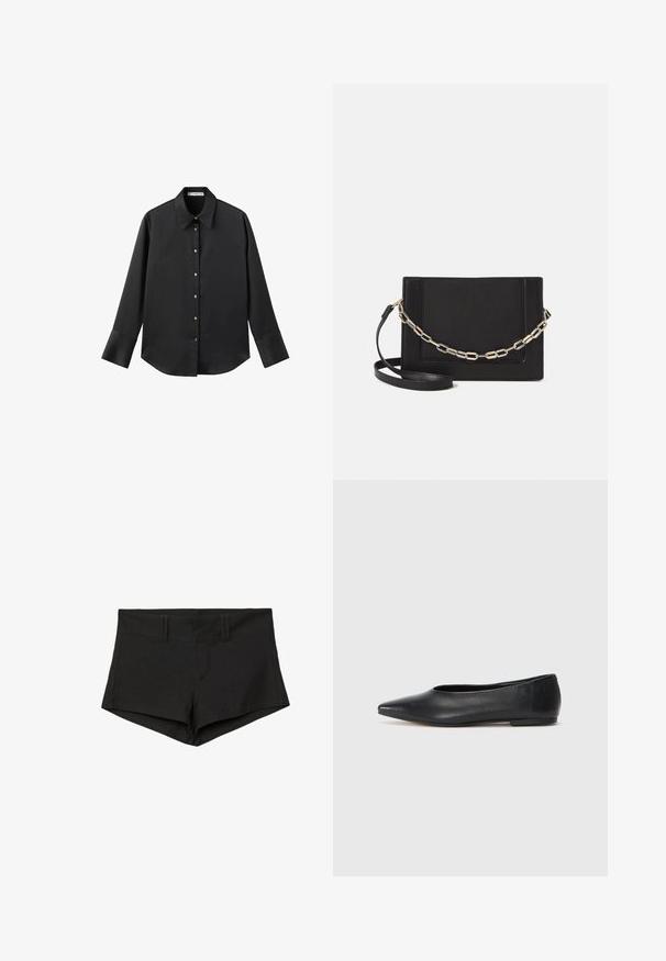 Černá dlouhá rukávová košile z hladkého materiálu, s klasickým límečkem, předním zapínáním na knoflíky ve zlatém tónu a širokými manžetami.; Černé bavlněné šortky s přiléhavým střihem, vysokým pasem a bočními kapsami. Tkanina má hladký povrch a minimální švy.; Černé kožené baleríny, špičatá špička, minimalistický design, hladký povrch, nízký podpatek, žádné viditelné kovové prvky nebo ozdoby.; Černá kožená crossbody taška s hladkým povrchem, obdélníkovým tvarem a kovovým řetízkem na přední straně. Součástí je nastavitelný popruh.