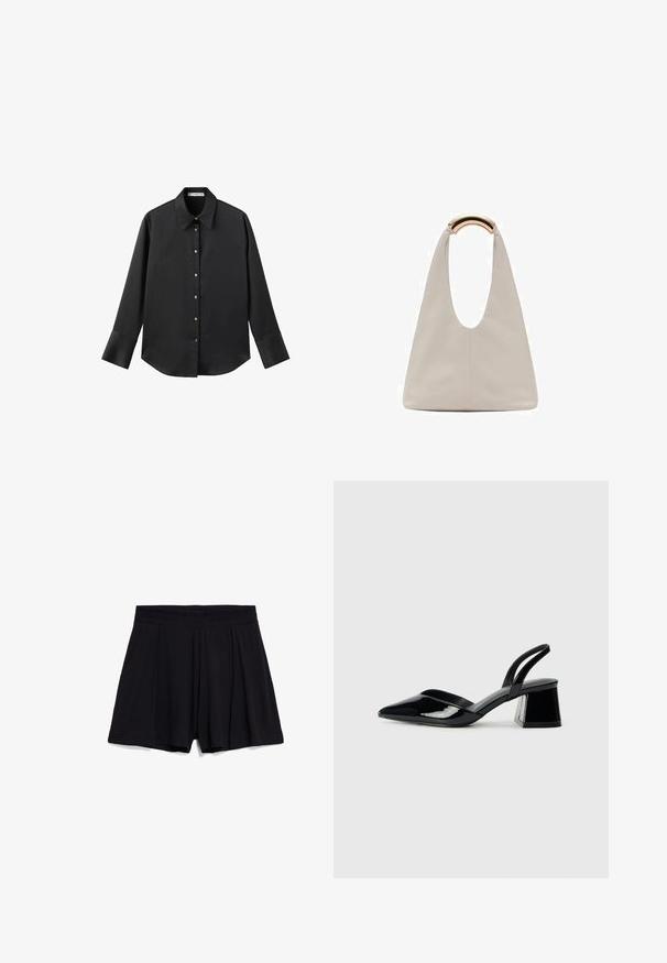 Chemise noire à manches longues en tissu lisse, dotée d'un col classique, d'une fermeture à boutons sur le devant avec des boutons dorés, et de larges poignets.; Shorts noirs en coton avec un design plissé, une taille élastique et une texture lisse. Pas de poches ni de détails matériels visibles.; Escarpins en cuir verni noir avec bout pointu et talon bloc géométrique. Présente un design élégant et minimaliste ainsi qu'une texture lisse.; Sac en cuir gris clair avec un design en forme de U et une poignée métallique courbée. Texture lisse avec un minimum de coutures et sans motifs visibles.