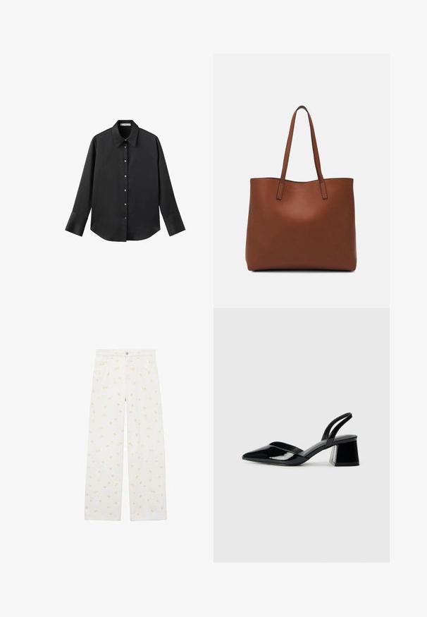 Black long-sleeve shirt in smooth fabric, featuring a classic collar, front button closure with gold-tone buttons, and wide cuffs.; White wide-leg pants made of denim, featuring an all-over light orange floral pattern and front pockets. Buttons at the waist for closure.; Black patent leather slingback heels with a pointed toe and a geometric block heel. Features a sleek, minimal design and smooth texture.; Brown leather tote bag with a smooth texture, open top design, and two shoulder straps. Features minimal stitching and no visible hardware.